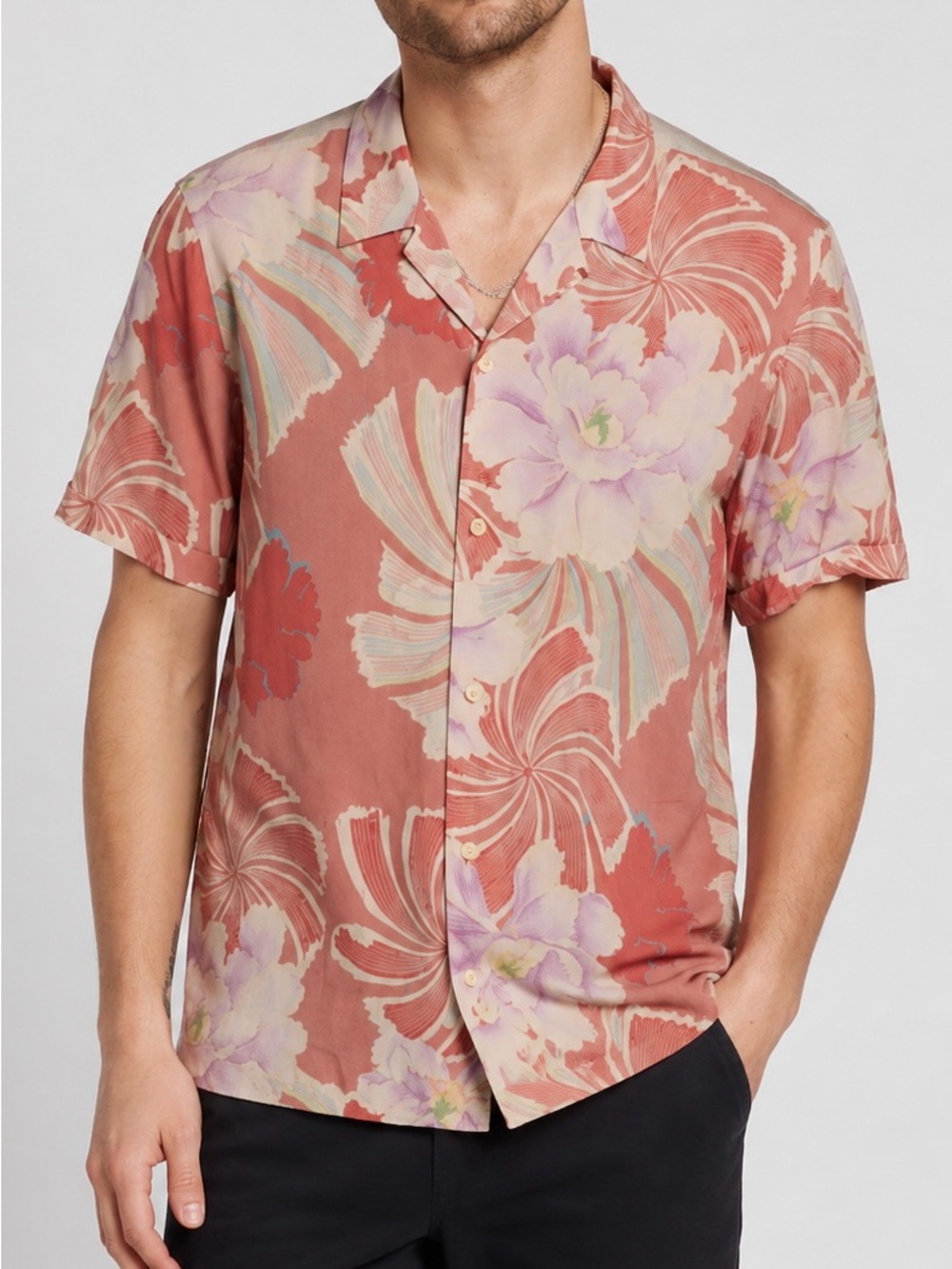 AllSaints Helix SS Shirt XXL Pink Floral Abstract Viscose Camp Collar Button Up